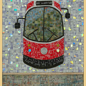 An Image Of A Mosaic Art Piece Made From Metropass Cards. The Mosaic Pieces Form Together To Create An Image That Depicts The Front Of A Red And White TTC Streetcar. The Top Of The Streetcar Reads, “505 Broadview.” The Background Is Grey, And The Bottom Of The Image Shows A Map.