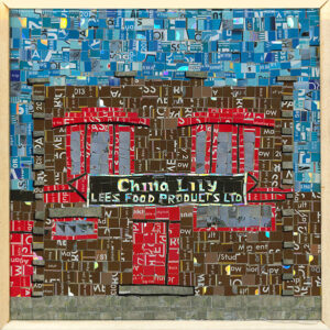 An Image Of A Mosaic Art Piece Made From Metropass Cards. The Mosaic Pieces Form Together To Create The Storefront Of China Lily, Lee’s Food Products LTD. The Main Colours Are Brown And Red, With A Blue Sky Background.