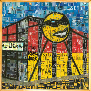 An Image Of A Mosaic Art Piece Made From Metropass Cards. The Mosaic Pieces Form Together To Create An Image Of The Outside Of The Real Jerk Restaurant. There Is Also A Sun With Sunglasses On The Building, Which Is Part Of The Logo. The Main Colours Are Red And Yellow, With A Blue Sky Background.