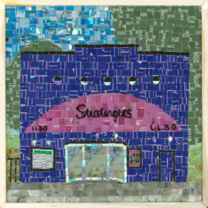 An Image Of A Mosaic Art Piece Made From Metropass Cards. The Mosaic Pieces Form Together To Create An Image Of A Store Front That Reads , “Stratengers.” The Sign Also Has The Numbers, “1130” And “L.L.B.O.” The Main Colours Are Deep Blue And Pink, With A Green And Blue Background.