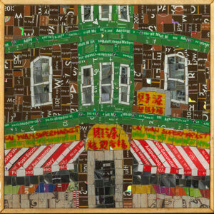 An Image Of A Mosaic Art Piece Made From Metropass Cards. The Mosaic Pieces Form Together To Create An Image Of The Cai Yuan Supermarket. The Main Colours Are Brown, Green, Red And White.