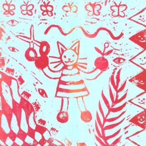 A Lino Letterpress Print Of A Cat In A Striped Dress Holding A Flower And A Pair Of Scissors.
