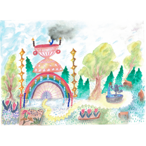 A Watercolour Painting Depicting A Whimsical Scene. A Yellow Path Winds Towards A Rainbow-shaped Building. There Is A Fountain With A Figure Holding A Star From Which The Water Is Pouring And A Garden With Colourful Flowering Plants.