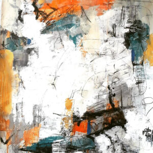 An Abstract Painting Featuring Orange, Blue And Gold Painterly Strokes. Black Lines And Brush Strokes Add Texture.