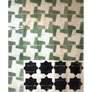 A Piece Of Art Featuring Green White And Black Printed Geometric Patterns. It Resembles A Quilt.