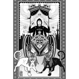 A Black And White Digital Illustration Of The Chariot Tarot Card. The Chariot Is Being Pulled By A Black Cat And A White Cat.