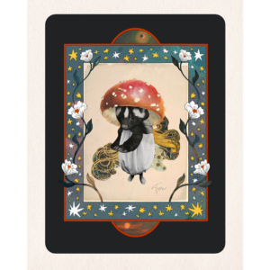 A Collage Illustration Of A Badger Person Wearing A Red Mushroom Cap Hat On A Floral Border.