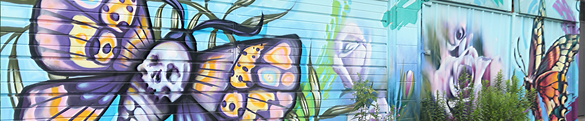 A photo of a mural featuring a death's head moth and a butterfly.