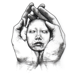 An Illustration Of Hands Cupping A Mask-like Face Rendered In Black Stipples.