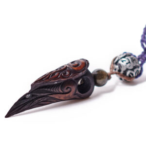 Kalaw Wala’au - Ornately Carved Dark Walnut Dye Stained Hornbill From Ethically Sourced Deer Antler On Locally Sourced Amethyst Mala.