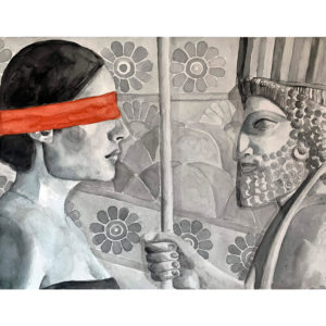 A Black And White Watercolour Painting Of A Woman Facing A Bearded Statue. She Has A Red Blind Covering Her Eyes.