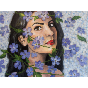A Painting Of A Woman With Red Lipstick And Dark Hair. Soft Purple Flowers Flutter A Bout Her Face.